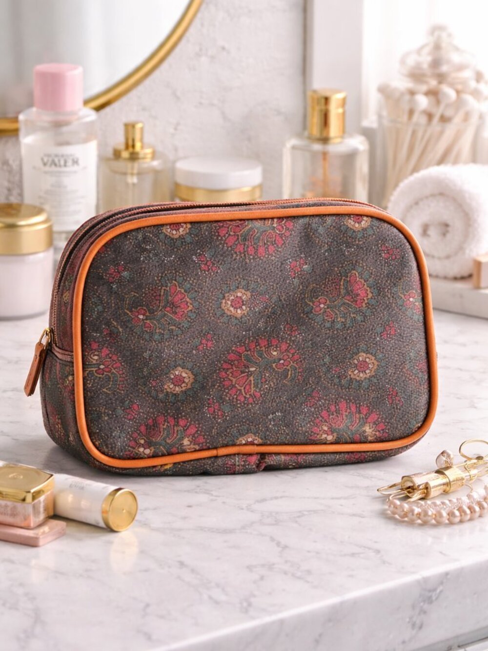 Vintage Avon 1988 Gray Orange Paisley Cosmetic Travel Makeup Bag